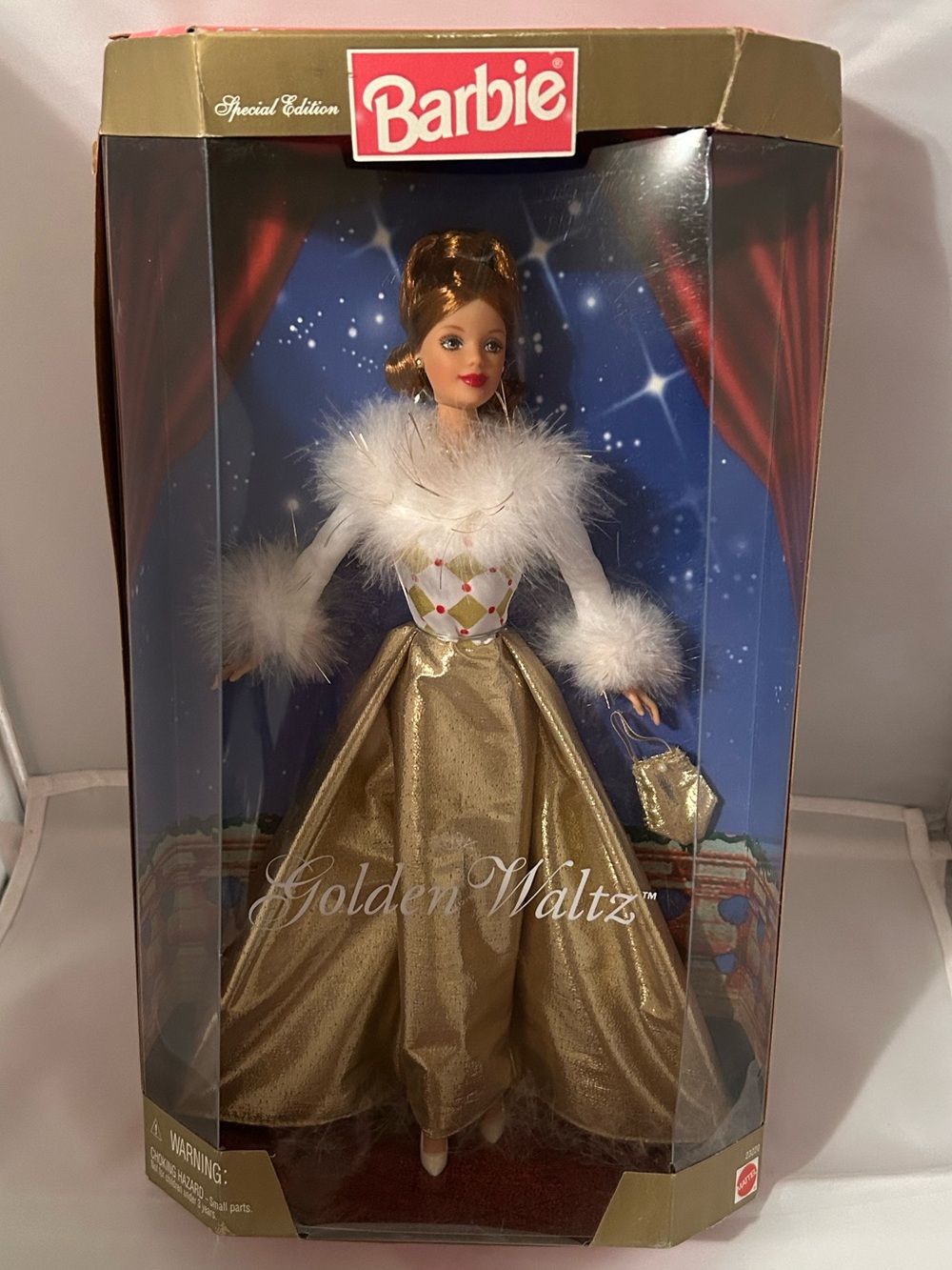 Barbie Gold Ball Gown Doll with White Feather Trim💛